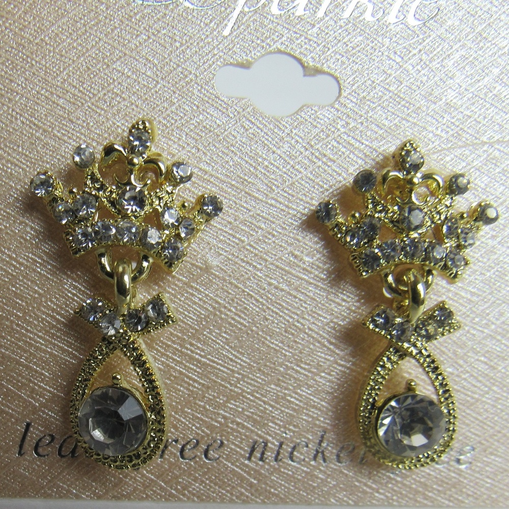 NWT Gold Rhinestone Crown Studded Earrings Sparkle